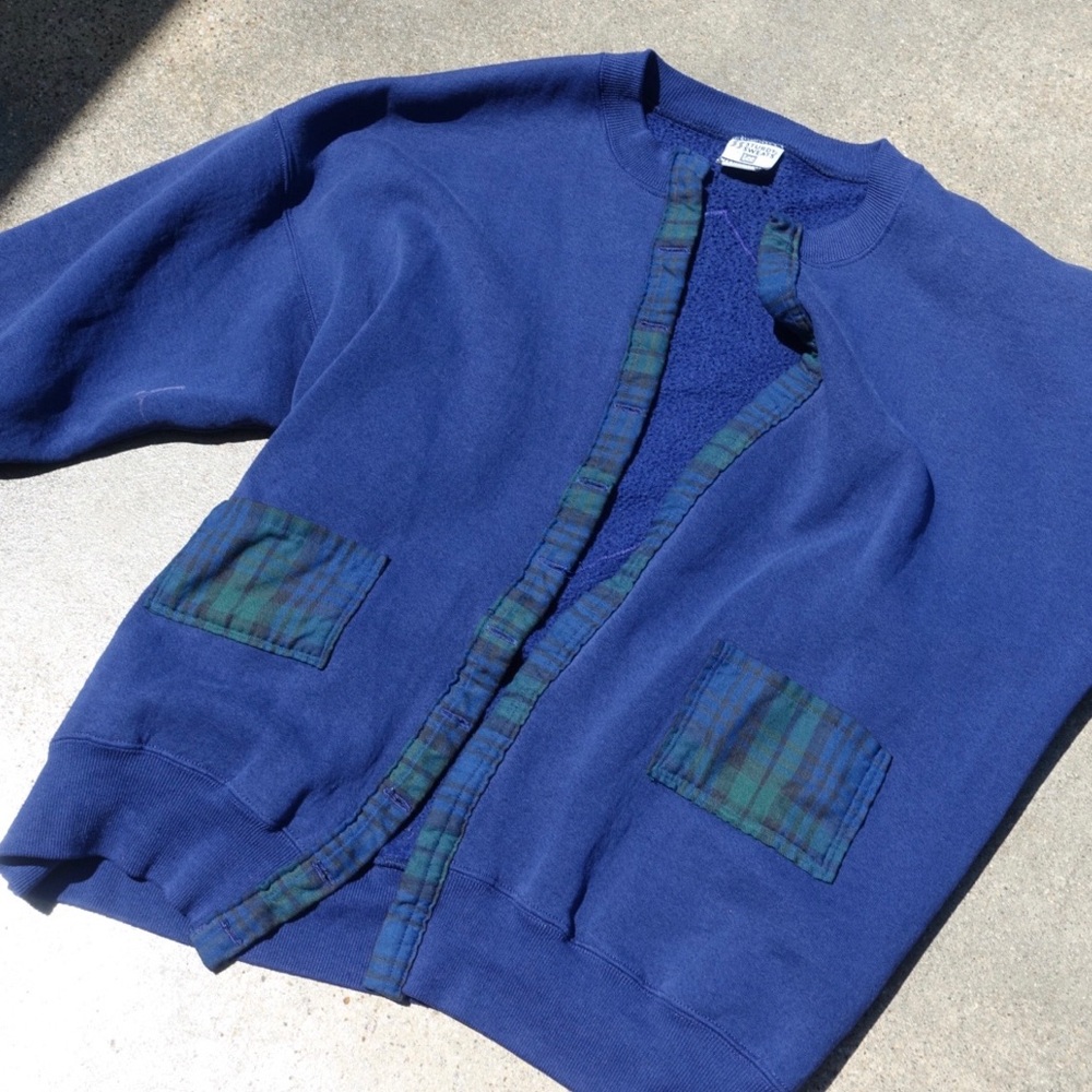 Vintage 90s Lee Navy & Plaid Cardigan Sweatshirt